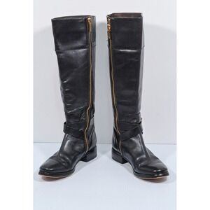Michael Kors Womens Black Leather Knee High Riding Boots Gold MK Logo Size 5.5M
